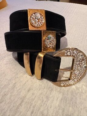 Black suede and leather trim belt with gold and rhinestones